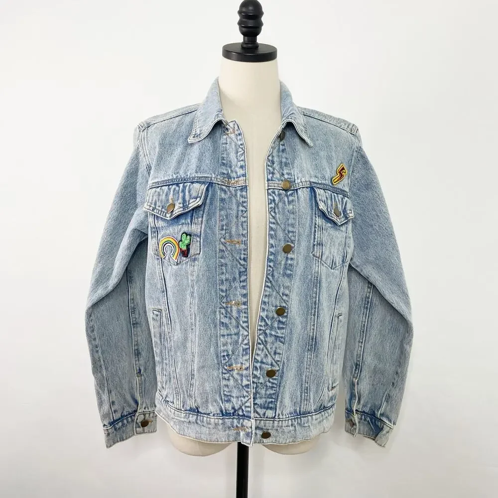 Honey Punch Soul Mates Denim Jacket Blue Patches Festival Concert Boho Size S - Picture 4 of 15